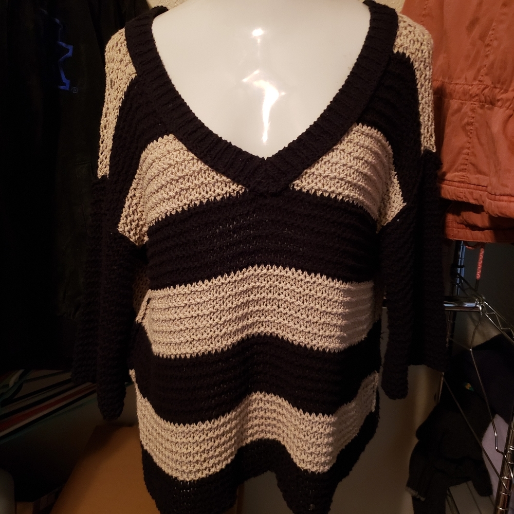Boxy Sweater Striped Chunky Knit Oversized Slouchy Medium Deep V Sweater